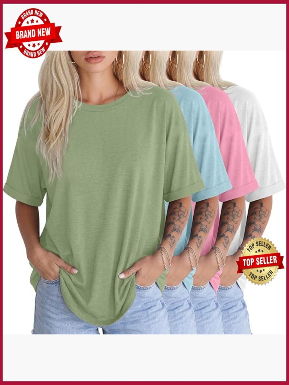 Oversized Short Sleeve Tee 4 Pack Crew Neck Loose Fit Tops